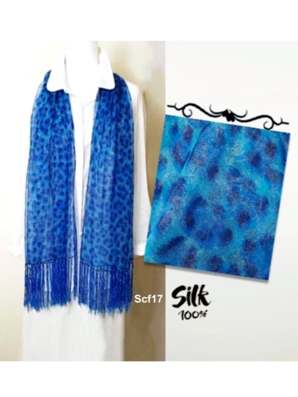 100% Silk Rectangle Scarf Sheer Blue Leopard Animal Print Silvery Dots Tassels